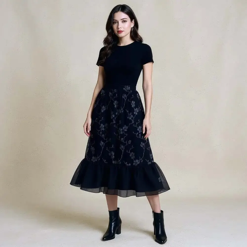 Vintage Spencer Alexis Cherry Blossom Burnout Midi Skirt Black L